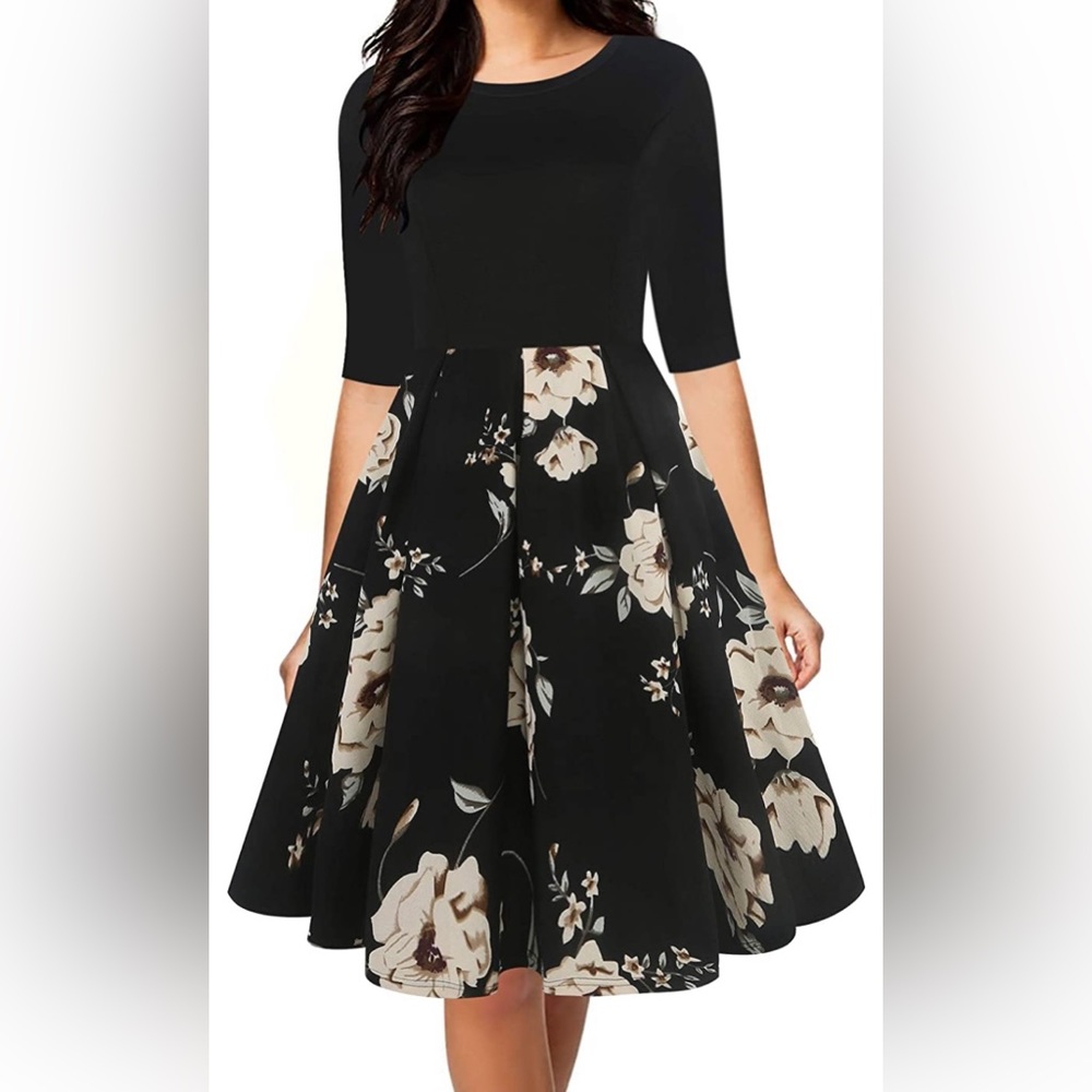 NWT Women's Vintage Half Sleeve O-Neck Contrast Casual Pockets Party Swing Dress